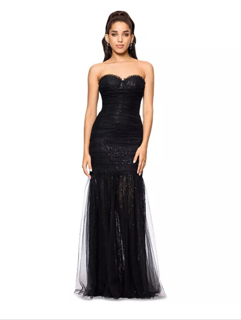 NWT Betsy & Adam Black Sequin Mermaid Corset Gown Mesh Maxi Dress Size 6 $299